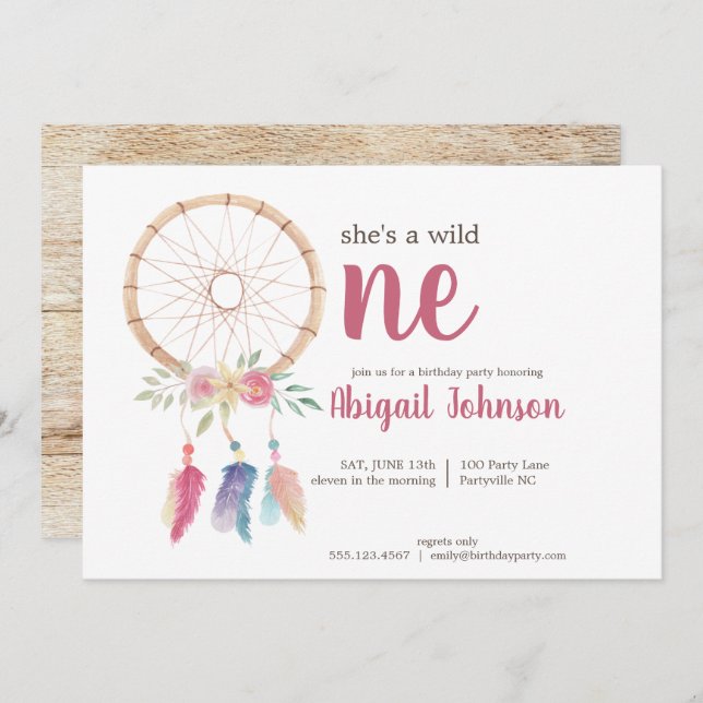 Convite Cóta-d-água Dreamcatcher Primeiro Aniversário (Frente/Verso)