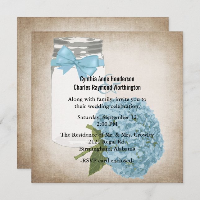 Convite Cottage Chic Hydrangea e Mason Jar Wedding (Frente/Verso)