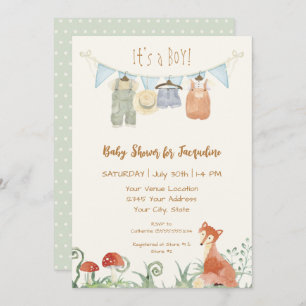 Convite Cottagecore Clothesline Fox Mushroom Chá de fralda