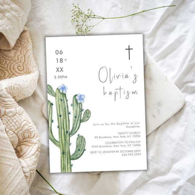 Convite Cótus Cótus Floral Cruz Azul Moderno (Modern Blue Watercolor Cuctus Floral Cross Baptism Invitation)