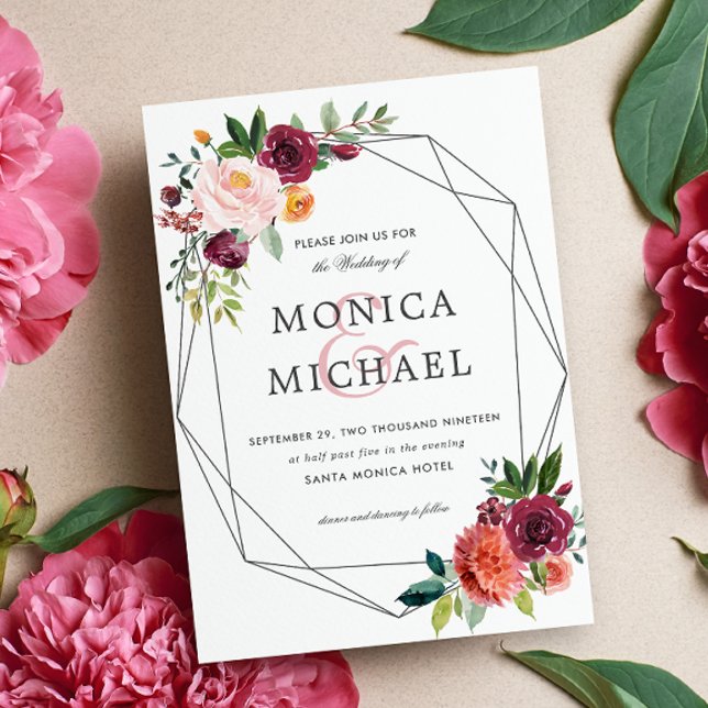 Convite Country Bloom | Casamento Geométrico Floral (Wedding invitation with burgundy orange and pink flowers and green, leaves. Elegant Country botanic)