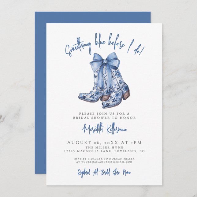 Convite Country Blue Bow Cowboy Bridal Shower (Frente/Verso)