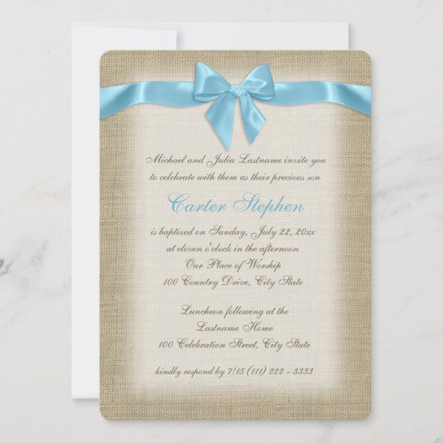 Convite Country Burlap Baby Blue Christening (Frente)