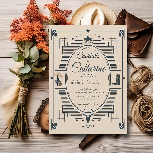 Convite Country Chic Frame Cocktails Party 50º Aniversário (country western rustic elegant 50th birthday invitation cocktail party desert tan modern classy)