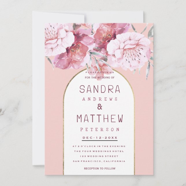 Convite Country chic mint pastel pink gold floral wedding  (Frente)