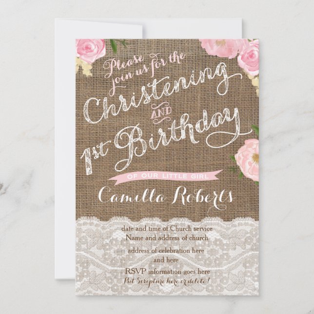 Convite Country Christening primeiro aniversario Inviting  (Frente)