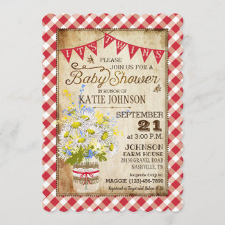 Convite Country Daisies Gingham Check Twins Chá de fraldas