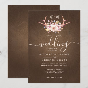 Convite Country Floral e Antler Leather Weds