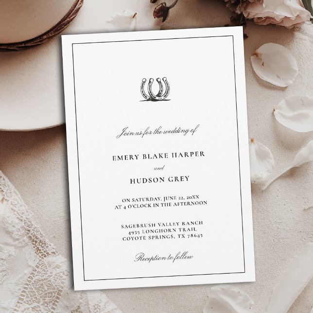 Convite Country Horseshoe Frame Western Elegant BW Wedding (western wedding invitation cowboy country horseshoes horse lovers black white art sketch elegant)