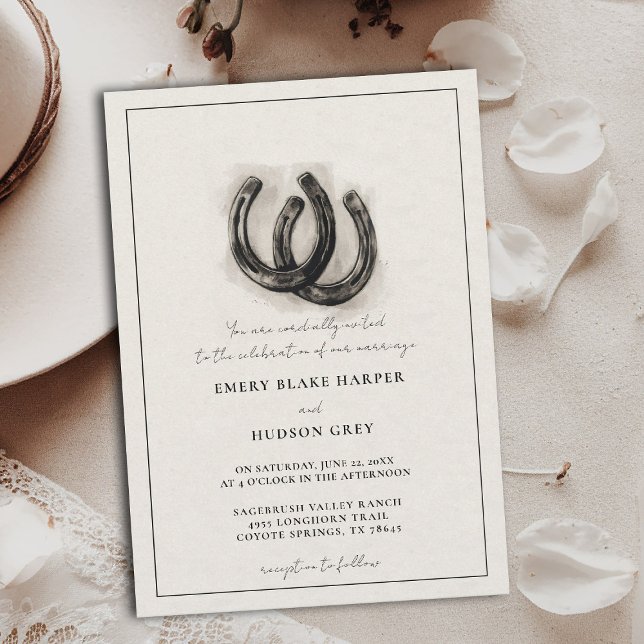 Convite Country Horseshoes Vintage Western BW Wedding (western wedding invitation cowboy country horseshoes horse lovers vintage art sketch elegant)