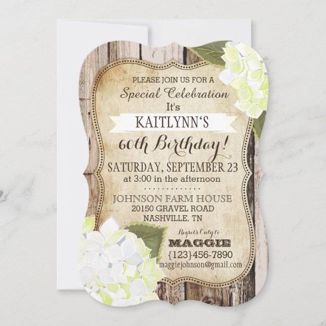 Convite Country Hydrangeas e Rustic Wood Birthday Convidam (Frente)