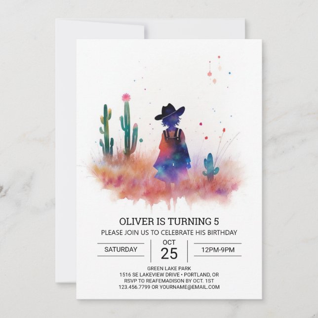 Convite Country Life Watercolor Cowboy Aniversário (Frente)