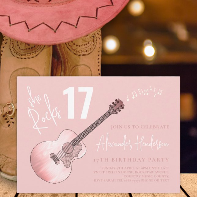Convite Country Music Pink Guitar 17ª Festa de aniversário (Cool country music pink guitar 16th birthday party invitation )
