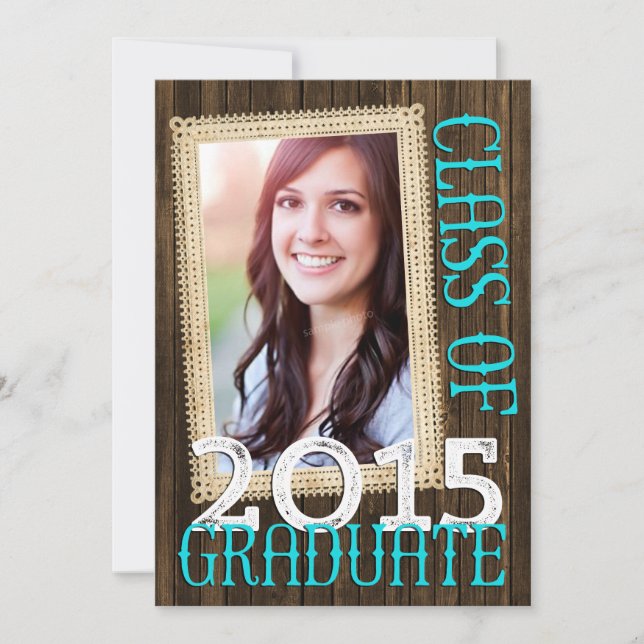 Convite Country Rustic Wood Teal Photo 2015 Graduation (Frente)