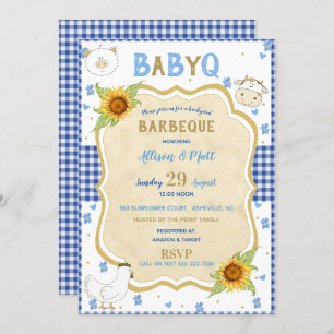 Convite Country Sunflower Blue Gingham Baby Q Barbecue