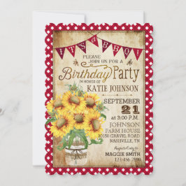 Convite Country Sunflower e Gingham Check Birday