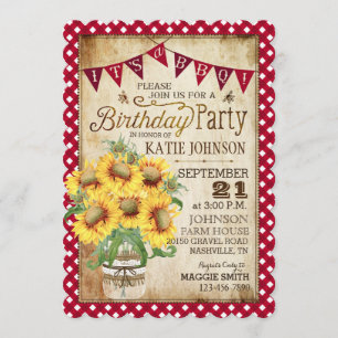 Convite Country Sunflower e Gingham Check Birday
