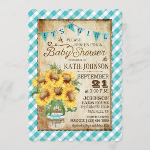 Convite Country Sunflower Gingham Check Girl Chá de fralda
