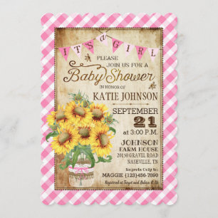 Convite Country Sunflower Gingham Check Girl Chá de fralda