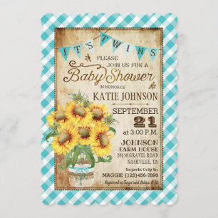 Convite Country Sunflower Gingham Check Twins Chá de frald