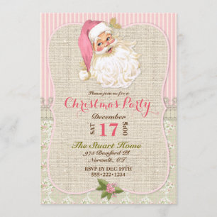 Convite Country Vintage Santa Claus Pink Burlap Lace