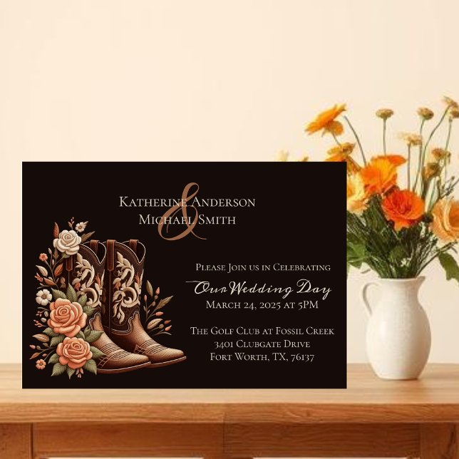 Convite Country Western Flowers com Boots de Cowboy (Modern Elegant Country Western-Cowboy Boots with Flowers Invitation)