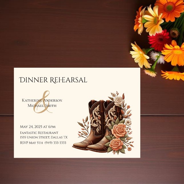 Convite Country Western Flowers com Boots de Cowboy (Country Western-Flowers with Cowboy Boots-Wedding Dinner Rehearsal)