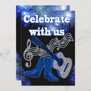 Convite Country Western Music Blue Guitar And Cowboy Boots