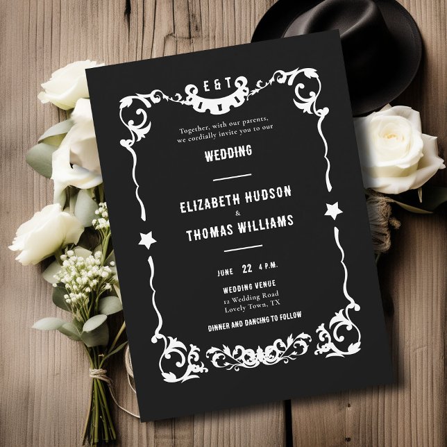 Convite Country Western Stars Black White Formal 2 Casamen (country western black white wedding invitation vintage frame elegant formal rustic ranch barn)