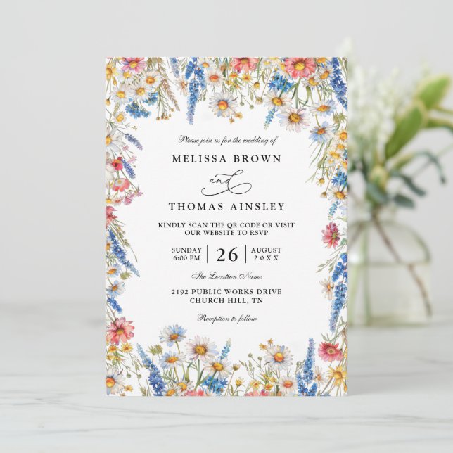 Convite Country Wildflower Rustic Modern QR Code Wedding (Em pé/Frente)