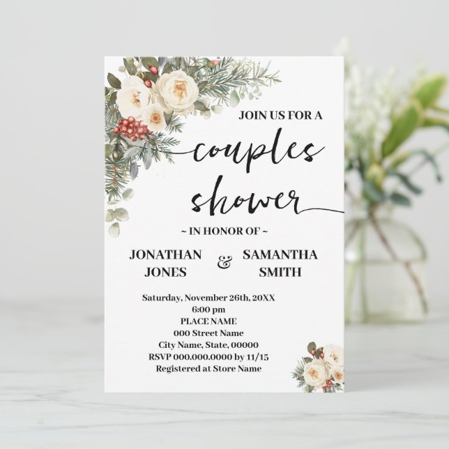 Convite Couples Shower White Winter Flowers (Em pé/Frente)