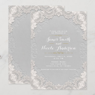 Convite Couro Branco de Camurça Vintage Lace Casamento Wes