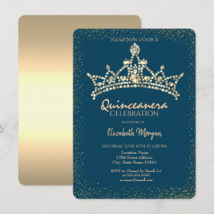 Convite Couro de Ouro Chic Diamantes Coroa Azul Quinceañer