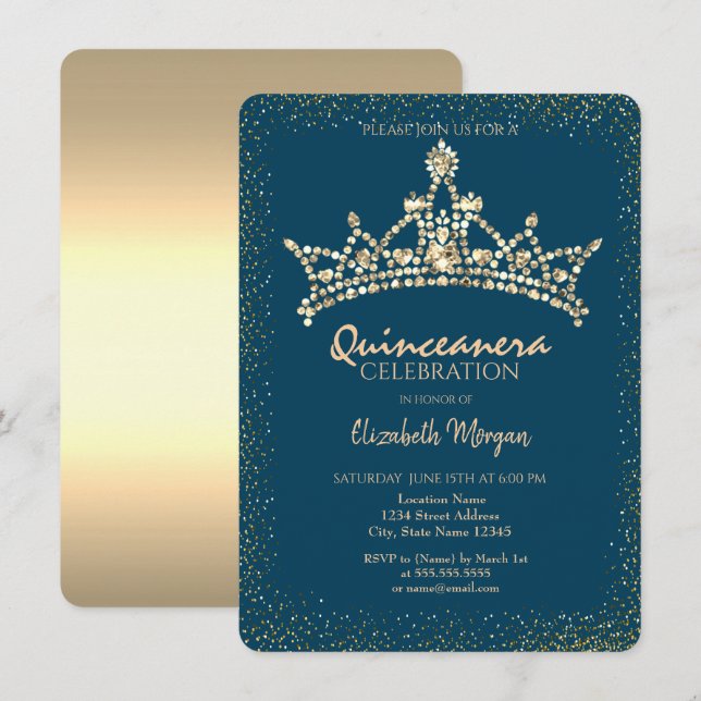 Convite Couro de Ouro Chic Diamantes Coroa Azul Quinceañer (Frente/Verso)
