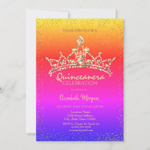Convite Couro Dourado Chic Diamantes Coroa Colorida Quince