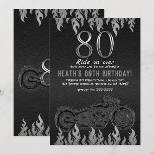 Convite Couro Preto Moto Prata 80TH 80 Aniversário
