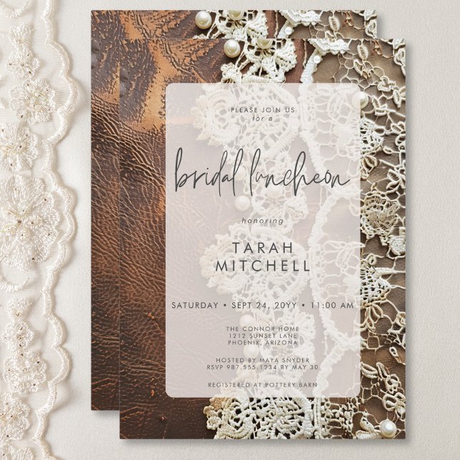 Convite Couro Russo e Arrebatamento Bridal (Rustic Leather & Bridal Lace Bridal Luncheon Invitation)