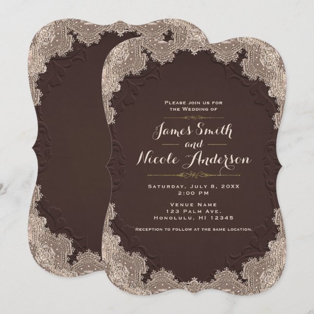Convite Couro Suede Marrom Vintage Renda Casamento Western (Frente/Verso)