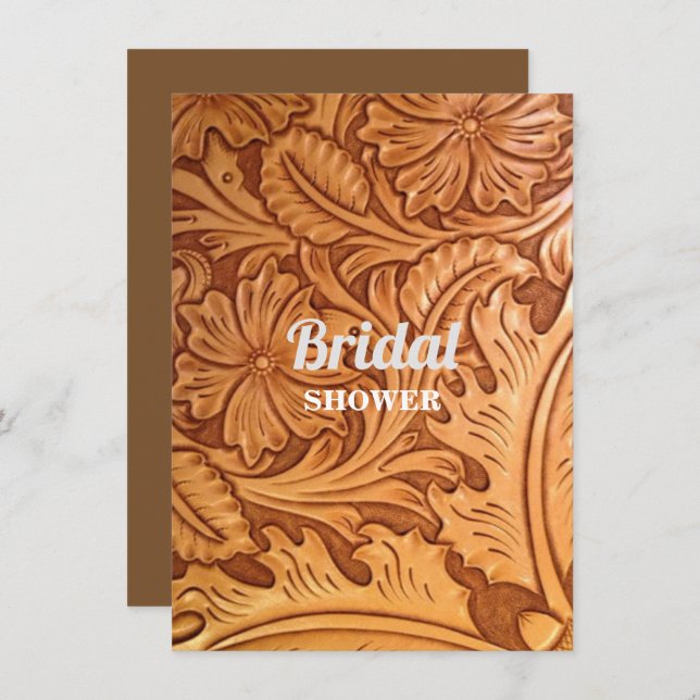 Convite couro trabalhado country western rústico (Frente/Verso)