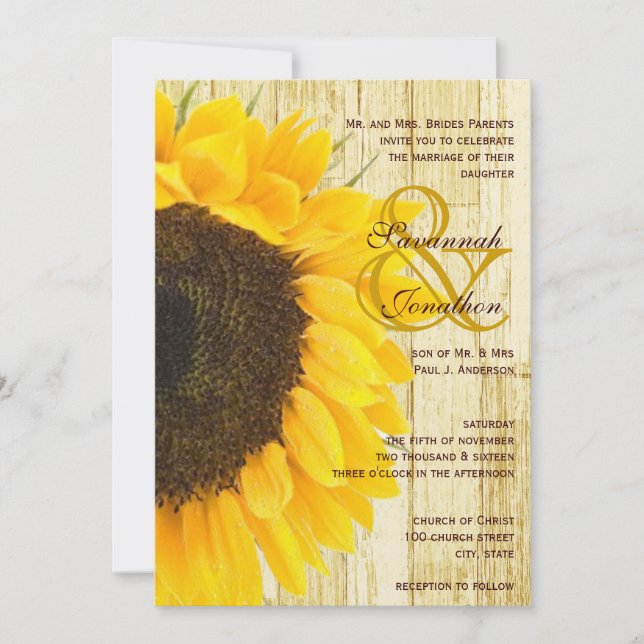 Convite Coutry Chic Barn Wood Sunflower Weditation (Frente)