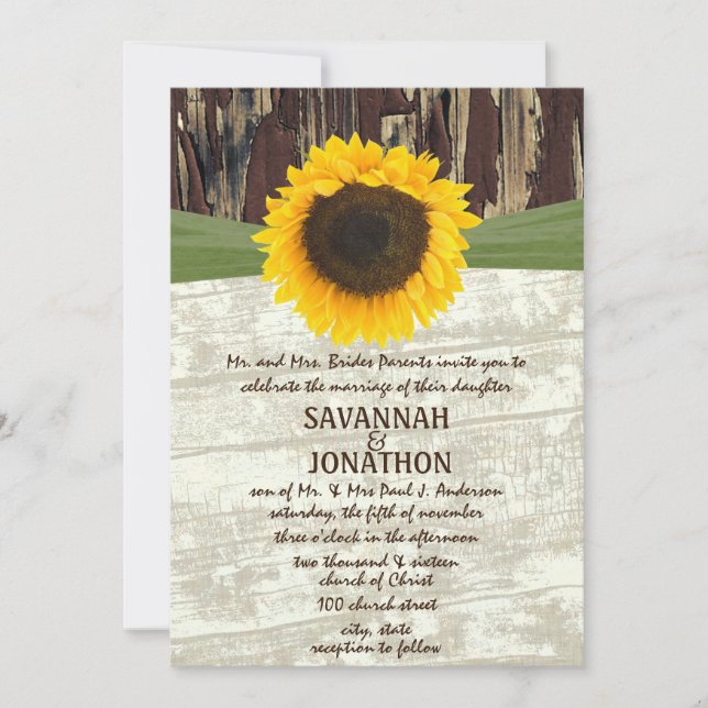 Convite Coutry Chic Barn Wood Sunflower Weditation (Frente)