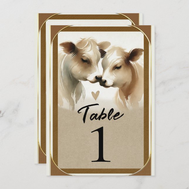 Convite Cow Love Brown Cream Country Wedle Table Number (Frente/Verso)