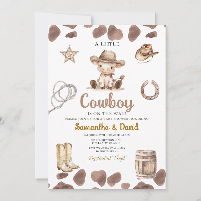 Convite Cow Pattern Cowboy is on the Way Baby Shower  (Frente)