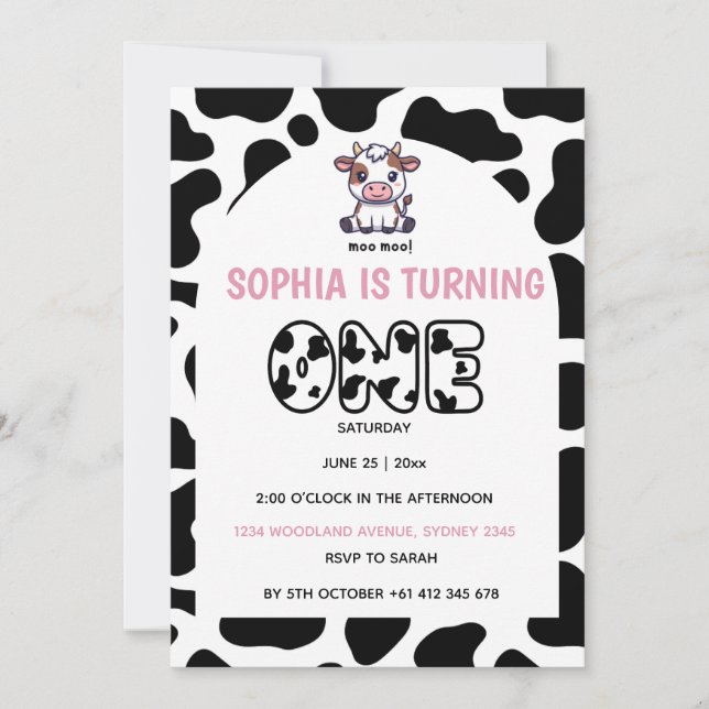 Convite Cow Theme First Birthday Invitation – Turning One  (Frente)