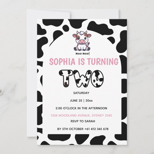 Convite Cow Theme Second Birthday Invitation –Turning TOW  (Frente)