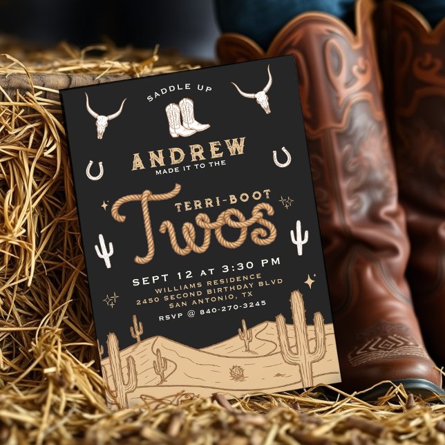 Convite Cowboy 2nd Birthday Party Terri-Boot Twos Black (Cowboy 2nd Birthday Party Terri-Boot Twos Western Invitation
)
