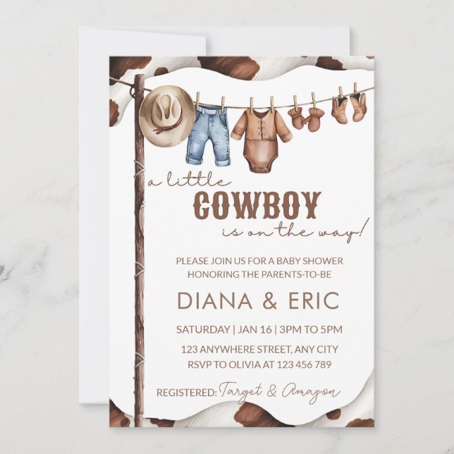 Convite Cowboy Baby Shower Invitation Template, A Little (Frente)
