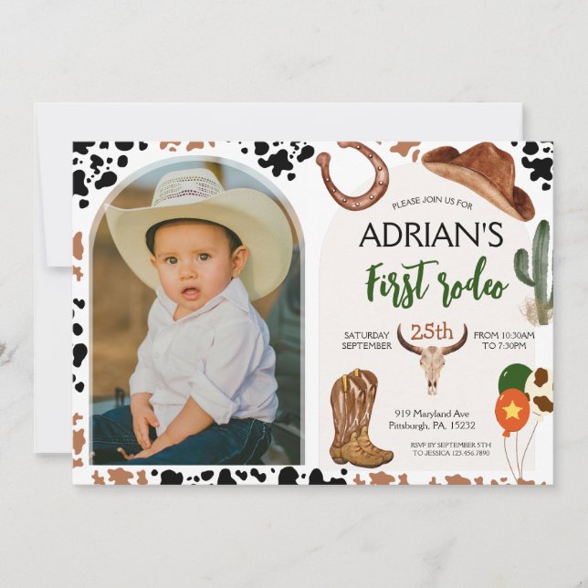 Convite Cowboy Birthday 1 rua Festa de aniversário Rodeo (Frente)