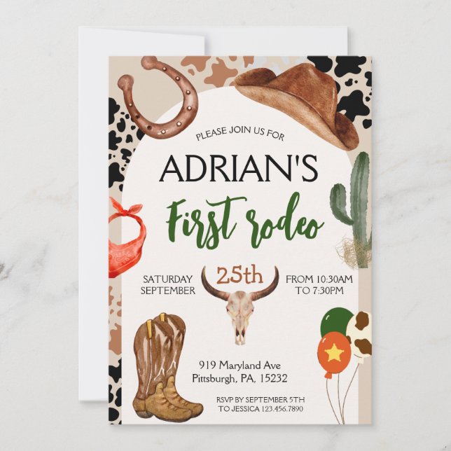 Convite Cowboy Birthday 1 rua Festa de aniversário Rodeo (Frente)