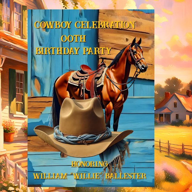 Convite Cowboy Birthday Party Barn Horse Hat blue brown (Criador carregado)